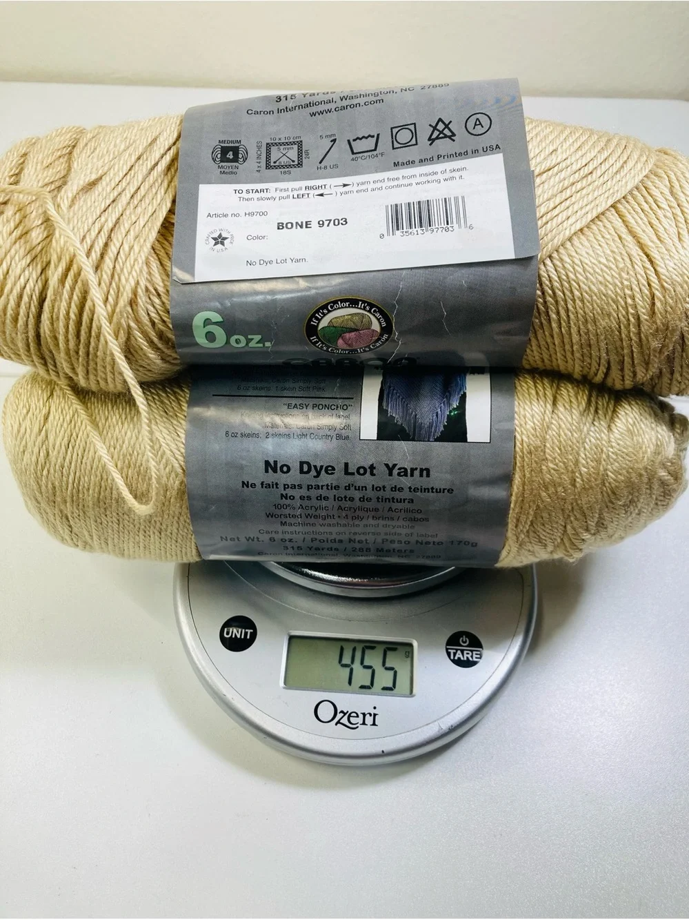 2 NEW + Leftovers 455g total Caron Simply Soft color Bone 9703 100% Acrylic